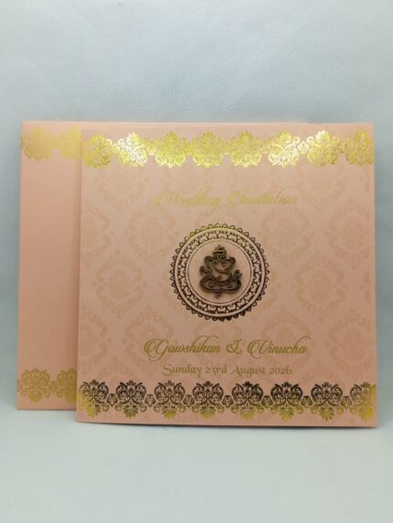 Peach colour wedding invitation.